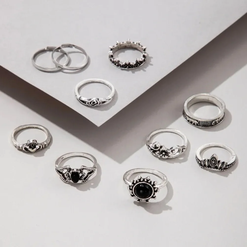 *HALLE* 10-Pc Silver x Black Gem Fashion Ring Set
